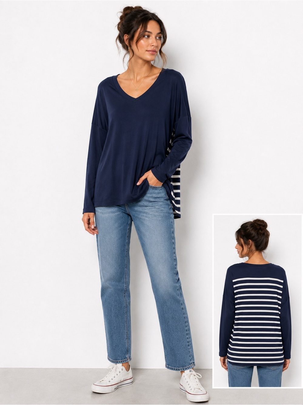 CAbi Navy V-Neck Long Sleeve Top with Striped Back M